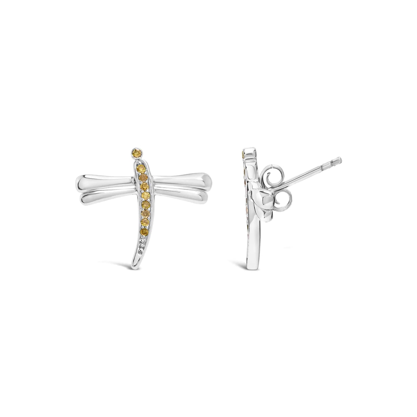 .925 Sterling Silver Yellow Diamond Accent Dragonfly Stud Earrings (Yellow Color, I2-I3 Clarity)