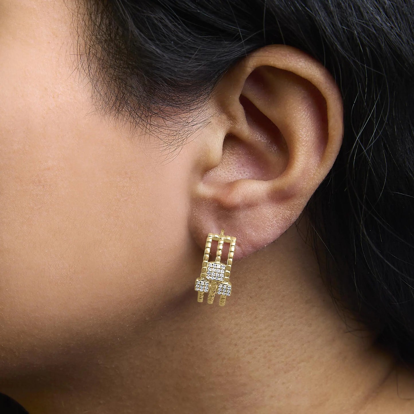 14K Yellow Gold Plated .925 Sterling Silver 1/4 Cttw Diamond Multi-Dimensional Link Dangle Stud Earrings (H-I Color, I1-I2 Clarity)