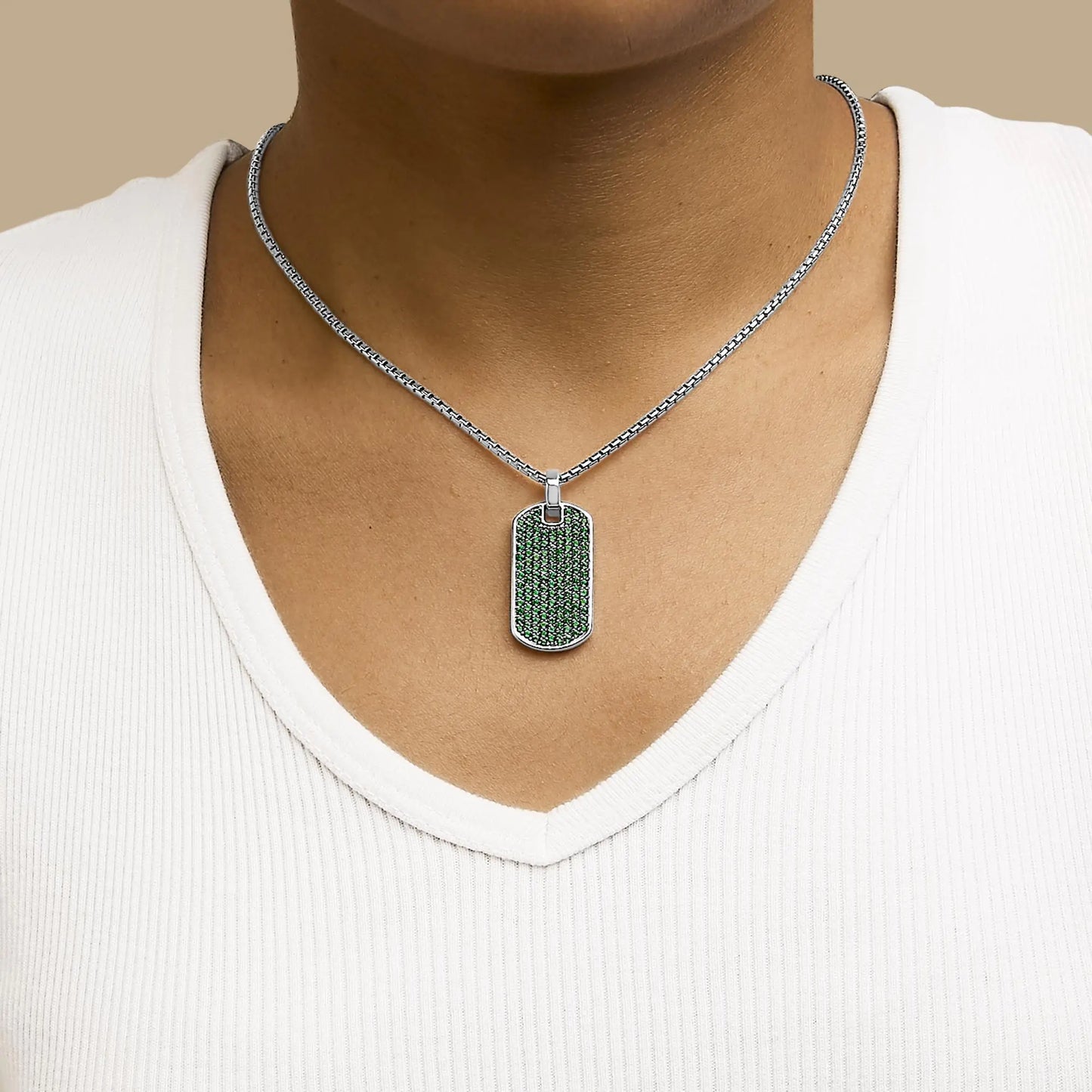 Men's .925 Sterling Silver Created Green Emerald Dog Tag Pendant Necklace - 22" Inches