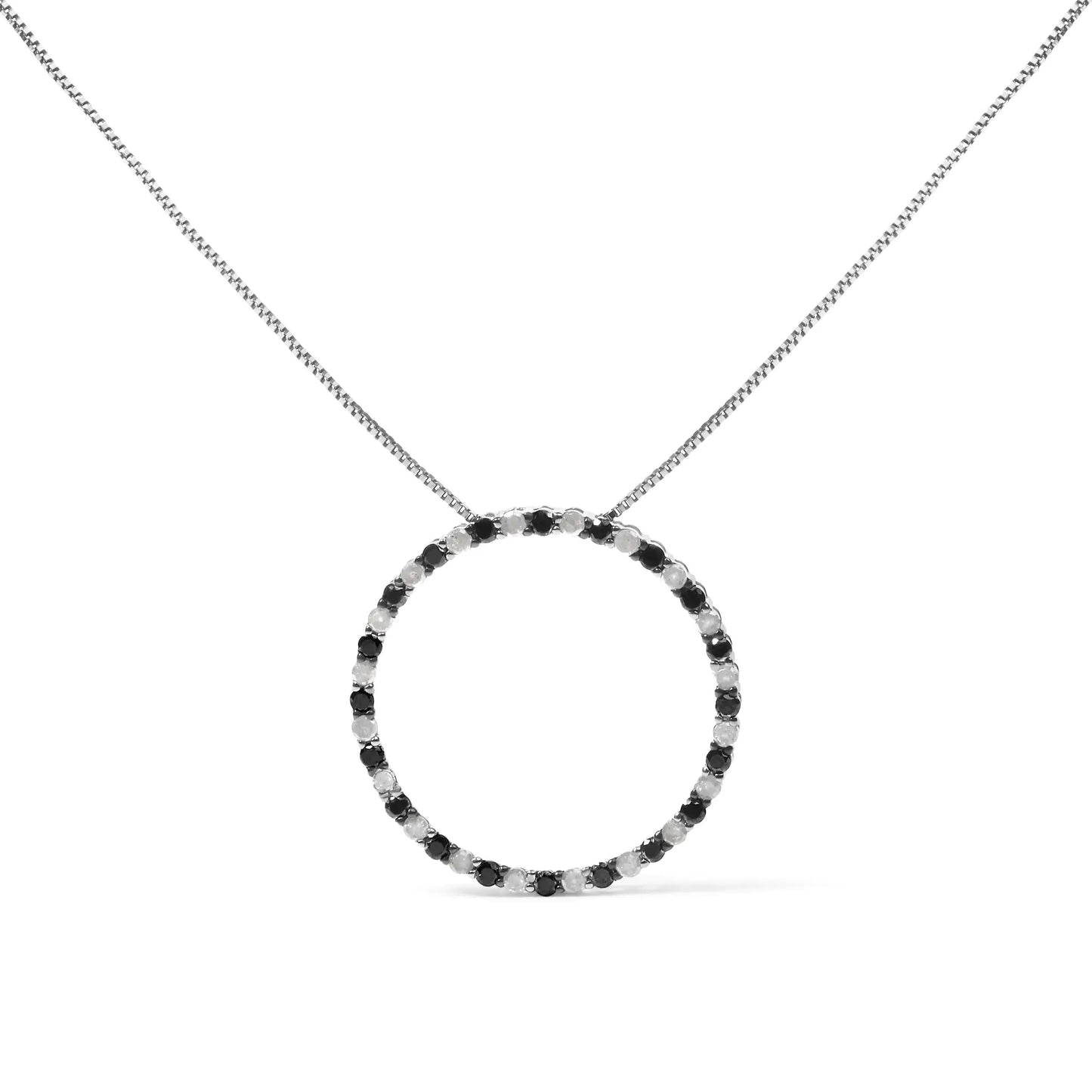 .925 Sterling Silver 1.0 Cttw Alternating Black and White Diamond Open Hoop Circle Pendant Necklace - 18" Inches