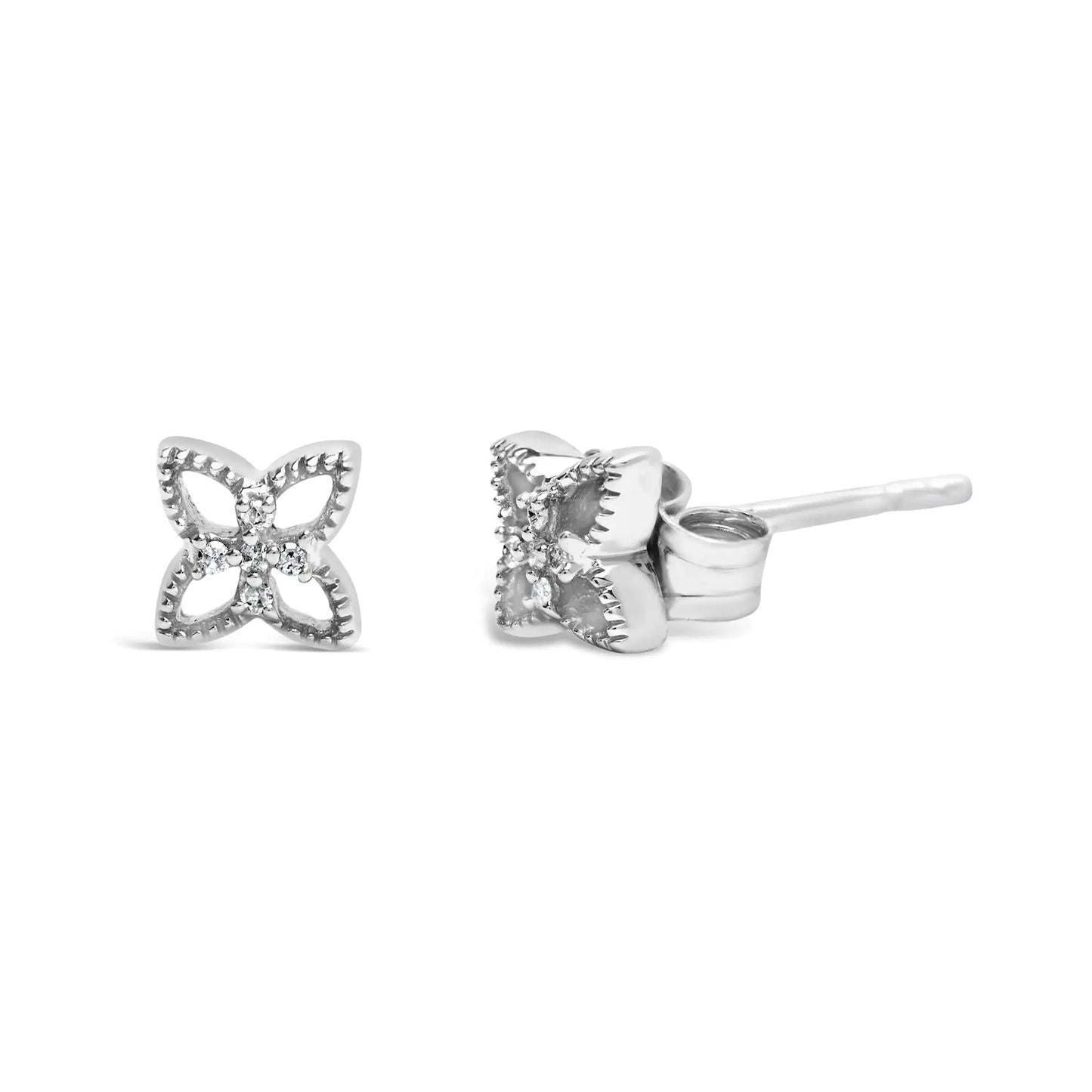 925 Sterling Silver Diamond Accent 4 Petal Flower Stud Earring (H-I Color, I1-I2 Clarity)