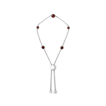 .925 Sterling Silver Bezel Set Red Garnet 5 Station Adjustable Bolo Bracelet