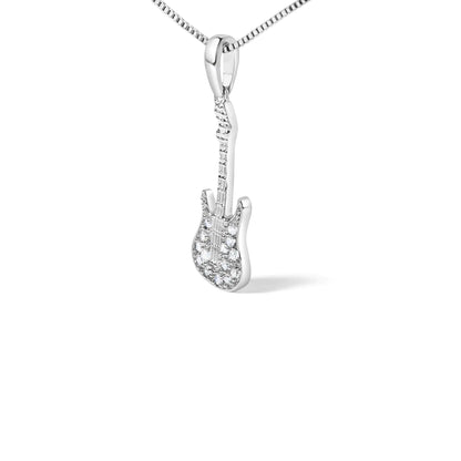 .925 Sterling Silver 1/10 Cttw Diamond Studded Guitar Pendant Necklace (I-J Color, I2-I3 Clarity) - 18" Inches