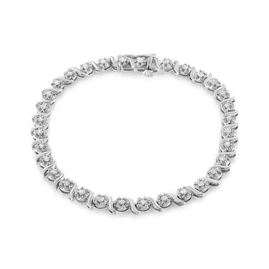 .925 Sterling Silver 1.0 Cttw Diamond Spiral Wave Curved-Link 7" Tennis Bracelet (I-J Color, I3 Clarity)
