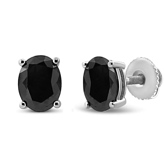 .925 Sterling Silver Prong Set Treated Black Oval Diamond Stud Earring (Black Color, I2-I3 Clarity)