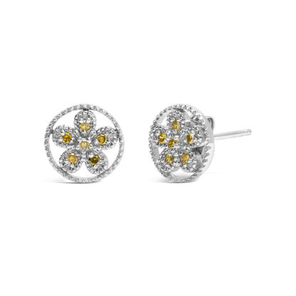 .925 Sterling Silver Yellow Diamond Accent Star and Wheel Milgrain Style Stud Earrings (Yellow Color, I2-I3 Clarity)
