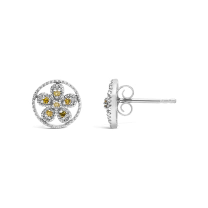 .925 Sterling Silver Yellow Diamond Accent Star and Wheel Milgrain Style Stud Earrings (Yellow Color, I2-I3 Clarity)