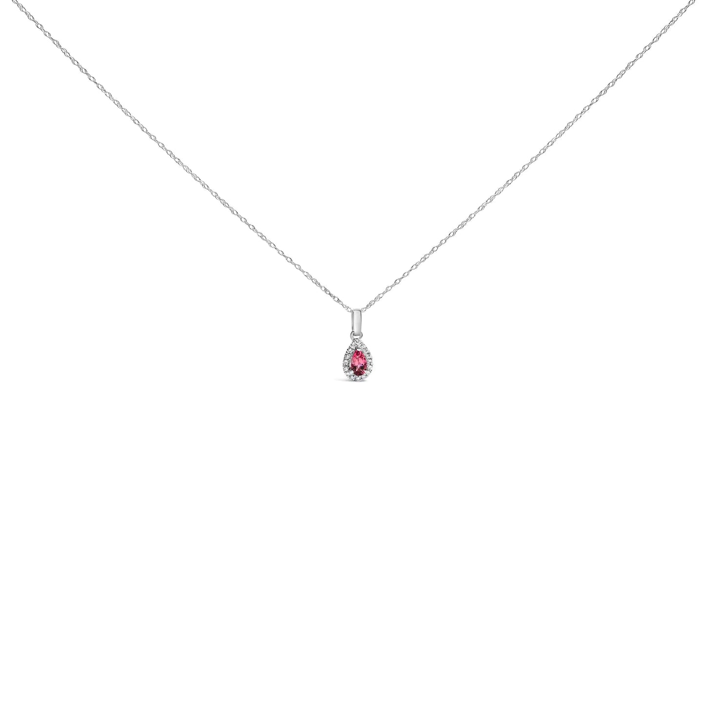 10K White Gold 5x3mm Gemstone and Diamond Accent Halo Pear Shape 18" Pendant Necklace (I-J Color, I1-I2 Clarity)