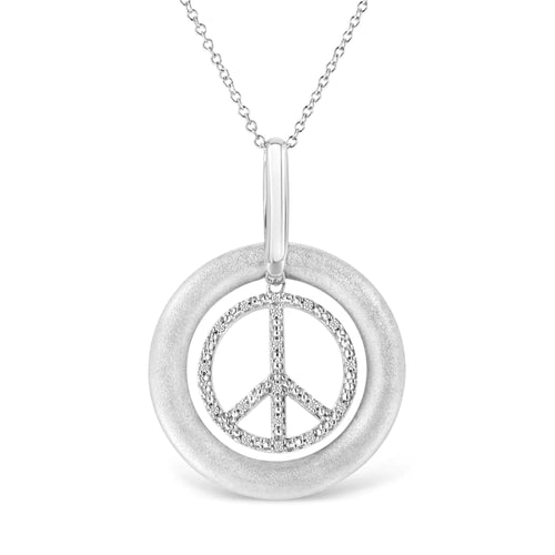 Matte Finish .925 Sterling Silver Diamond Accent Dancing Peace Sign 18" Pendant Necklace (I-J Color, I1-I2 Clarity)