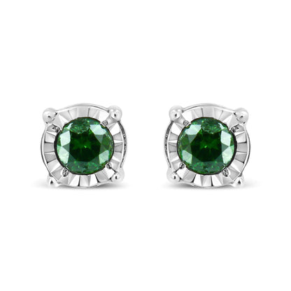 Sterling Silver Rose Cut Treated Green Diamond Solitaire Stud Earrings (0.25 cttw, Green Color, I2-I3 Clarity)