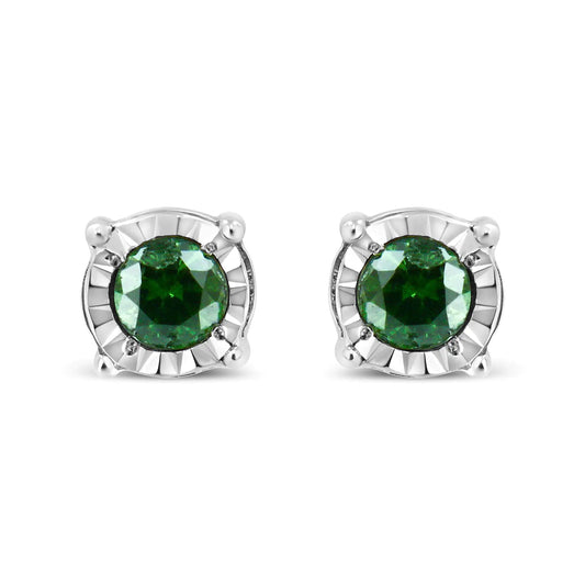 Sterling Silver Rose Cut Treated Green Diamond Solitaire Stud Earrings (0.25 cttw, Green Color, I2-I3 Clarity)