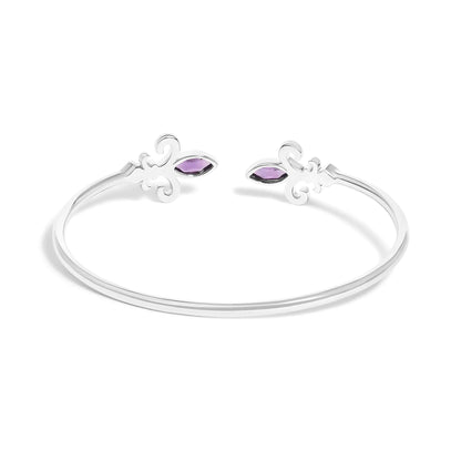 .925 Sterling Silver 8X4MM Marquise Purple Amethyst and Diamond Accent Fleur Di Lis Open Cuff Bangle (I-J Color, I1-I2 Clarity) - 7"