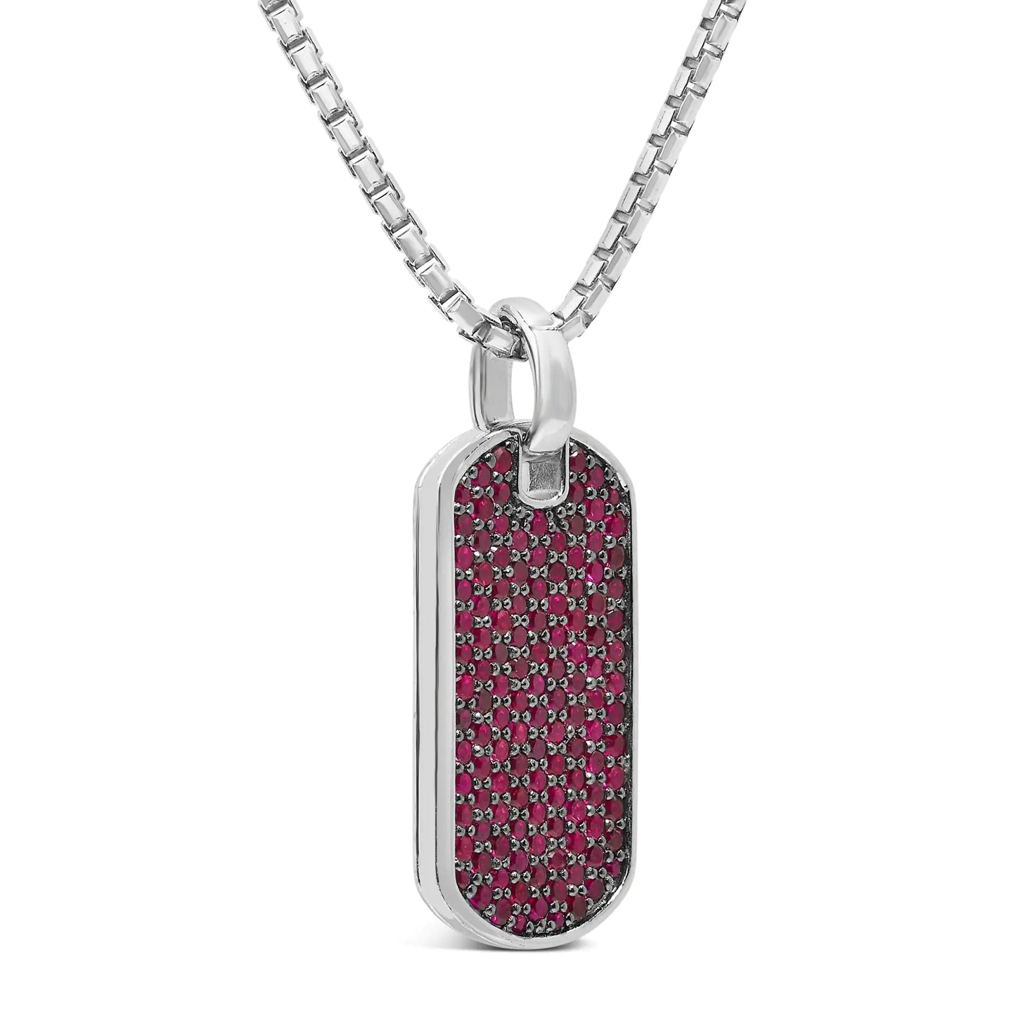 Men's .925 Sterling Silver Created Red Ruby Dog Tag Pendant Necklace - 22" Inches