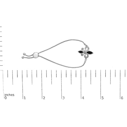 .925 Sterling Silver Marquise Black Onyx and Diamond Accent Lariat 4”-10” Fleur De Lis Adjustable Bolo Bracelet (I-J Color, I1-I2 Clarity)