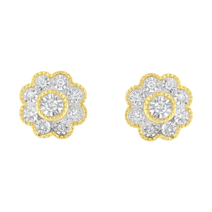 14K Yellow Gold Plated .925 Sterling Silver 1/6 Cttw Miracle-Plate Set Diamond Floral Stud Earrings (I-J Color, I2-I3 Clarity)