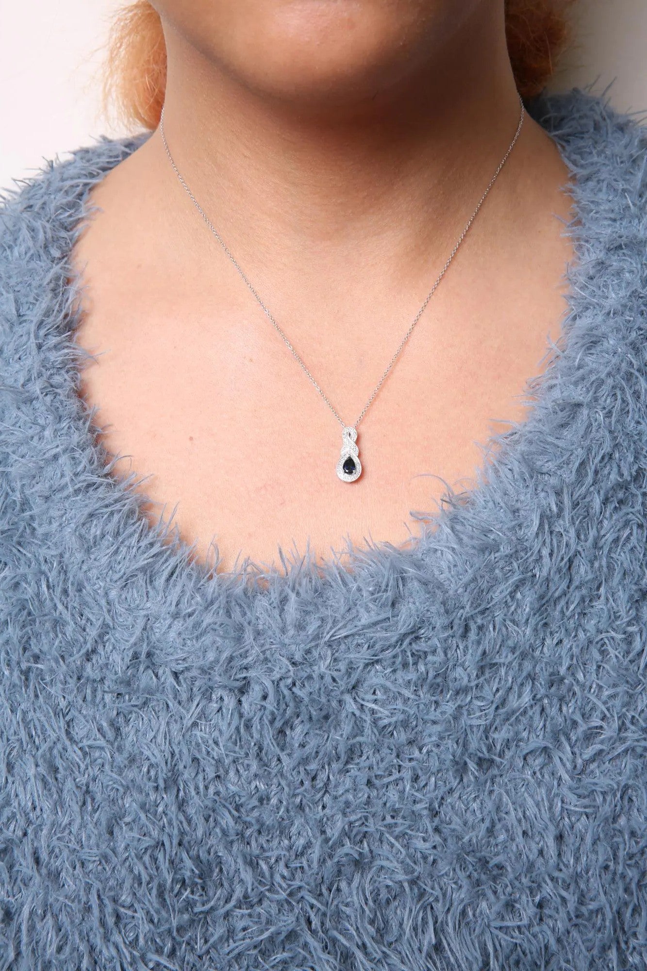 .925 Sterling Silver 6x4mm Pear Sapphire and Diamond Accent Infinity Drop 18" Pendant Necklace (H-I Color, SI1-SI2 Clarity)