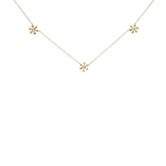 10K Yellow Gold 1/8 Cttw Diamond Floral Station Chain Necklace (I-J Color, I1-I2 Clarity)