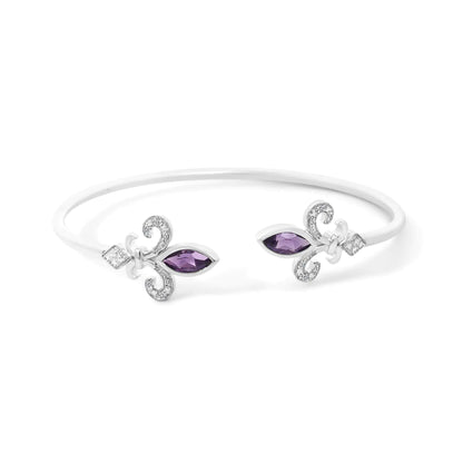 .925 Sterling Silver 8X4MM Marquise Purple Amethyst and Diamond Accent Fleur Di Lis Open Cuff Bangle (I-J Color, I1-I2 Clarity) - 7"