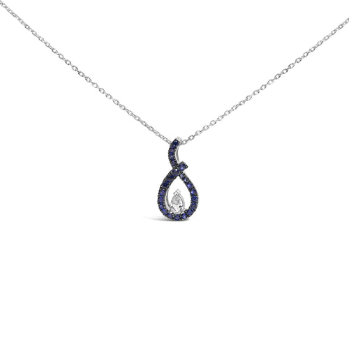 .925 Sterling Silver Created Blue and White Sapphire Teardrop Shaped Pendant Necklace - 18" Inches