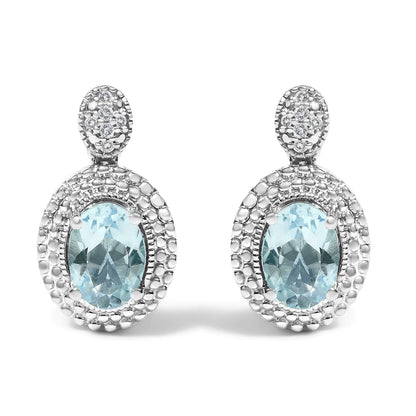 .925 Sterling Silver Diamond Accent and  Oval Blue Topaz with Beaded Halo Drop Stud Earrings (I-J color, I1-I2 Clarity)