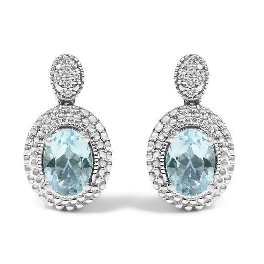 .925 Sterling Silver Diamond Accent and  Oval Blue Topaz with Beaded Halo Drop Stud Earrings (I-J color, I1-I2 Clarity)