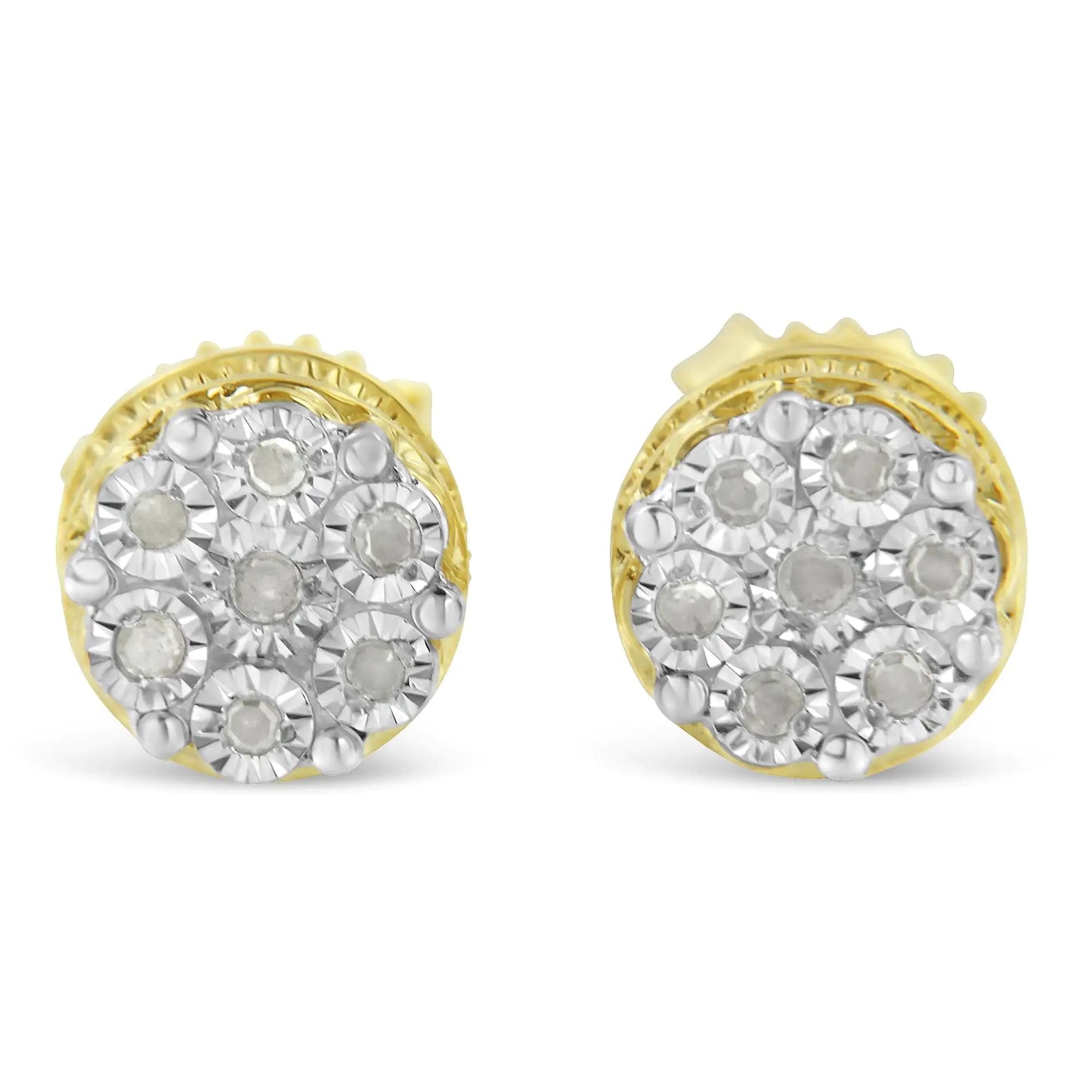 10K Yellow Gold over .925 Sterling Silver 1/7 Cttw Rose-Cut Miracle-Set Diamond Floral Cluster Button Stud Earrings (I-J Color, I3 Clarity)