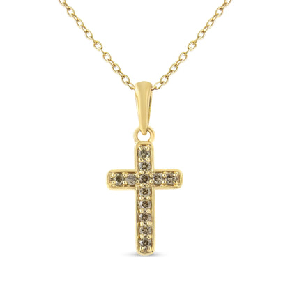 10K Yellow Gold Flashed .925 Sterling Silver 1/4 Cttw Champagne Diamond Cross Pendant Necklace (K-L Color, I1-I2 Clarity) - 18"