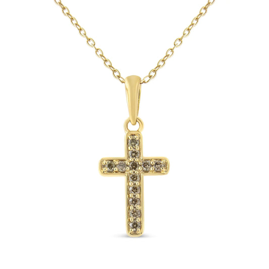 10K Yellow Gold Flashed .925 Sterling Silver 1/4 Cttw Champagne Diamond Cross Pendant Necklace (K-L Color, I1-I2 Clarity) - 18"