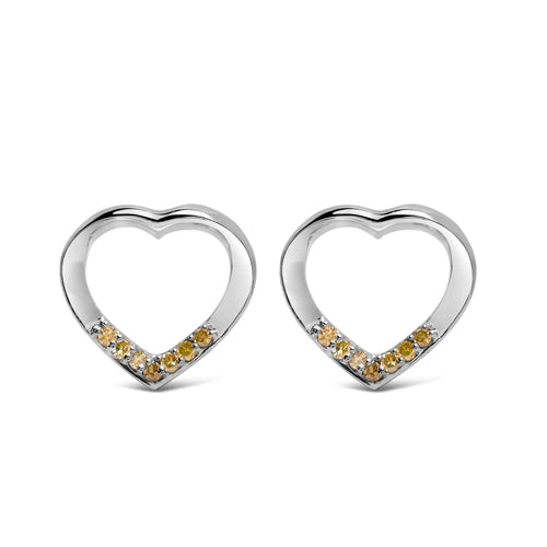 .925 Sterling Silver Yellow Diamond Accent Open Heart Stud Earrings (Yellow Color, SI1-SI2 Clarity)