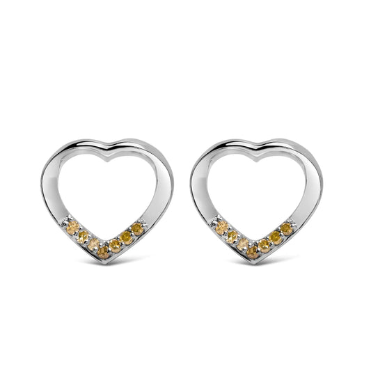 .925 Sterling Silver Yellow Diamond Accent Open Heart Stud Earrings (Yellow Color, SI1-SI2 Clarity)