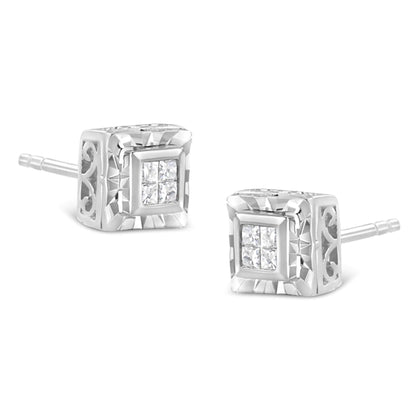 .925 Sterling Silver 1/6 Cttw Invisible Set Princess-Cut Diamond Quad Composite Stud Earrings (H-I Color, I1-I2 Clarity)
