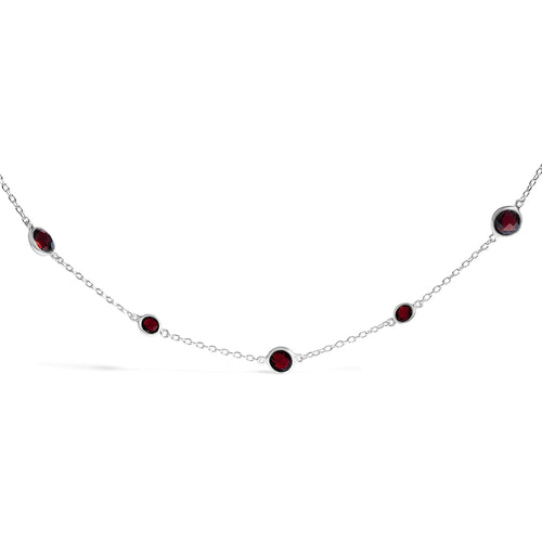 .925 Sterling Silver Checkerboard Cut Red Garnet Bezel Station Necklace - 22" Inches