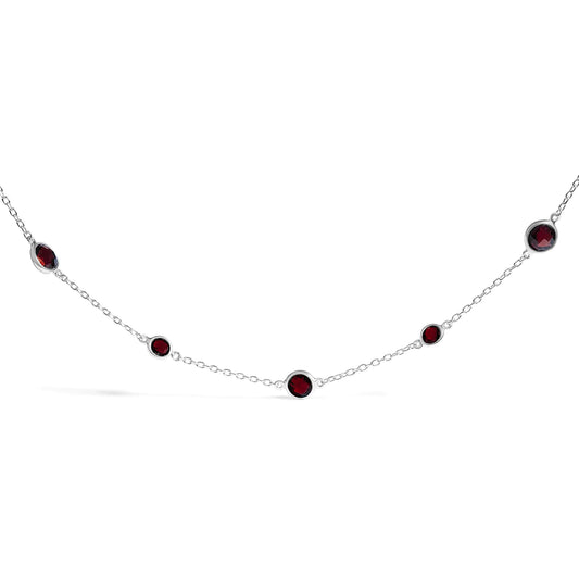 .925 Sterling Silver Checkerboard Cut Red Garnet Bezel Station Necklace - 22" Inches