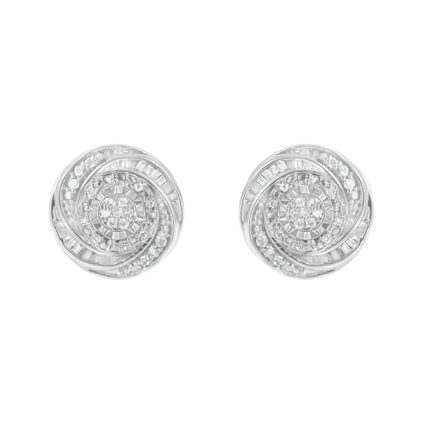 .925 Sterling Silver 1/4 Cttw Baguette and Round Diamond Swirl Love Knot Stud Earrings (I-J Color, I3 Clarity)